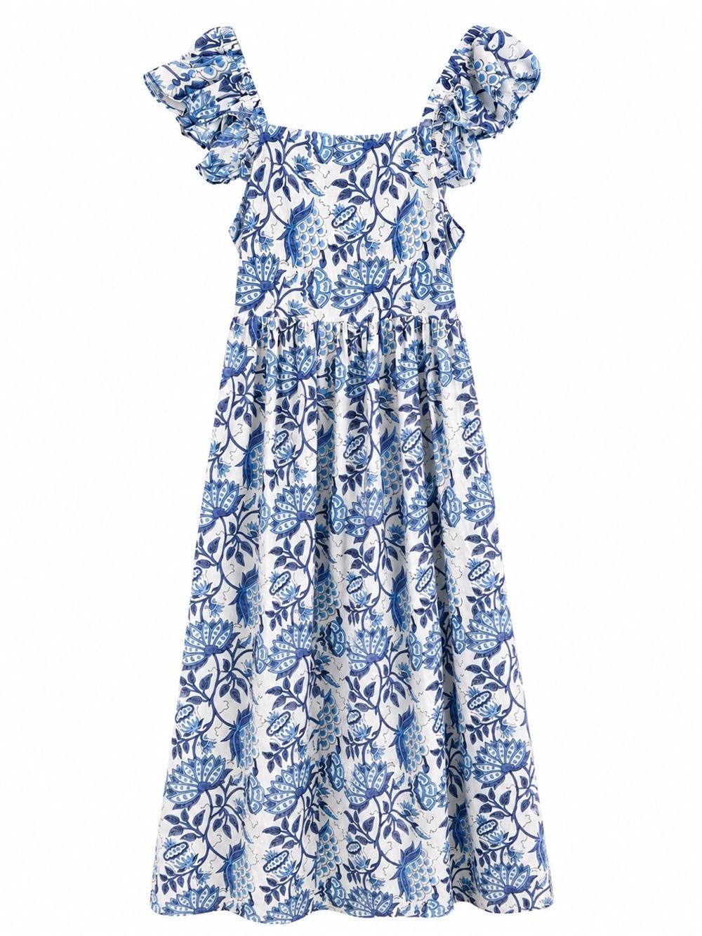 Karni Blue Floral Cotton Maxi Dress Puff Sleeve Tie Back Size M